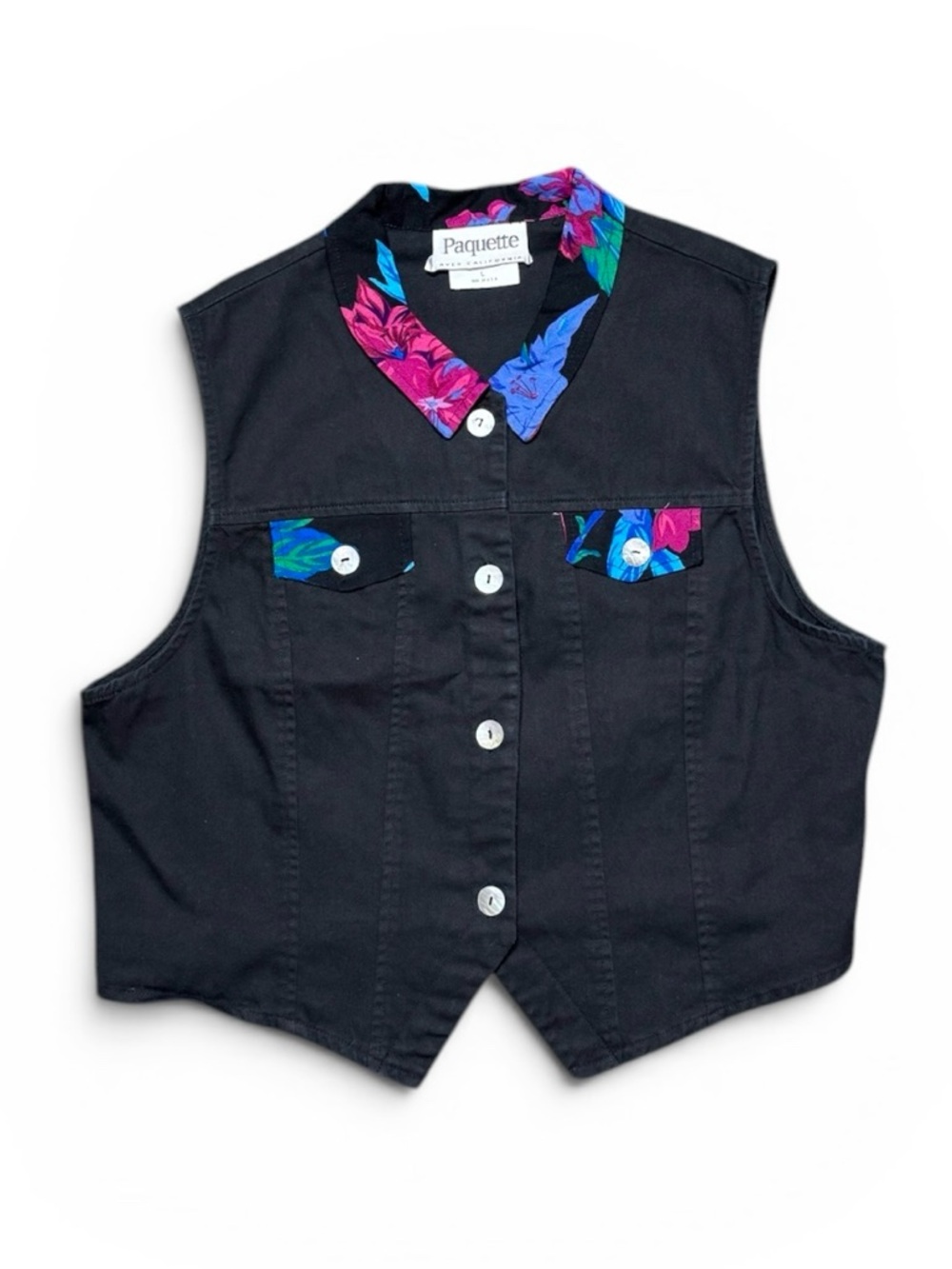 Vintage Paquette Amy Byer Vest Black Tropical Floral 100% Cotton USA L Large
